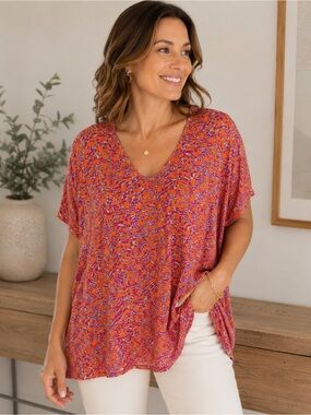 Plus size Philosophy Orange and Pink Floral V-Neck Tunic Cottage-core cotton 2X
